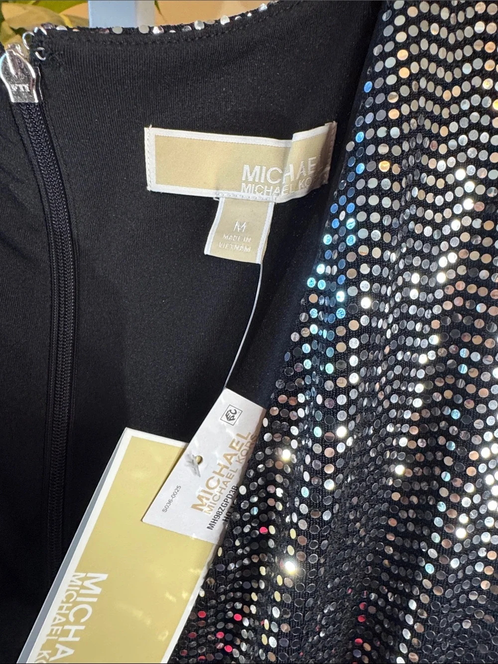 Michael Kors Black Sequin Wrap Dress W/ Belt, Zip-back, open. Size M, New W/ Tag